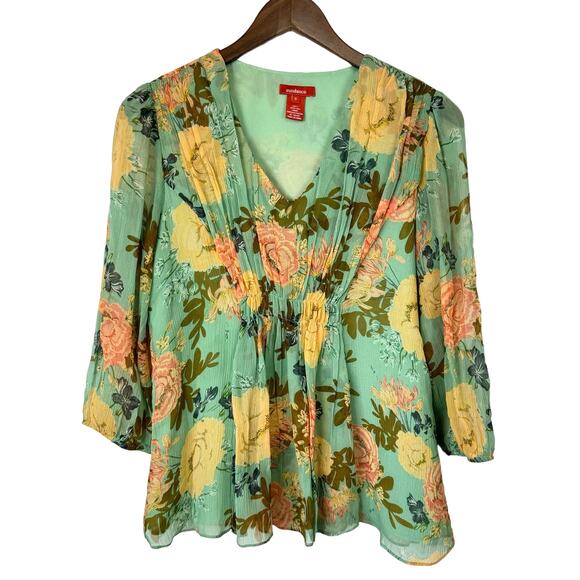 Sundance Sylvan Sage Green Floral Sheer Crepe Texture Silk Babydoll Blouse - Picture 3 of 10